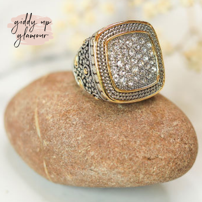 Silver Toned Wheat Textured Fashion Ring with Clear Crystals - Giddy Up Glamour Boutique