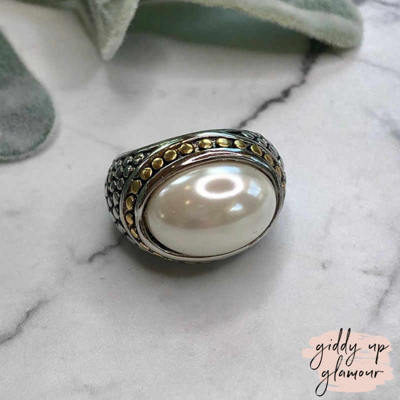 Two Toned Dome Fashion Ring with Cream Pearl Stone - Giddy Up Glamour Boutique