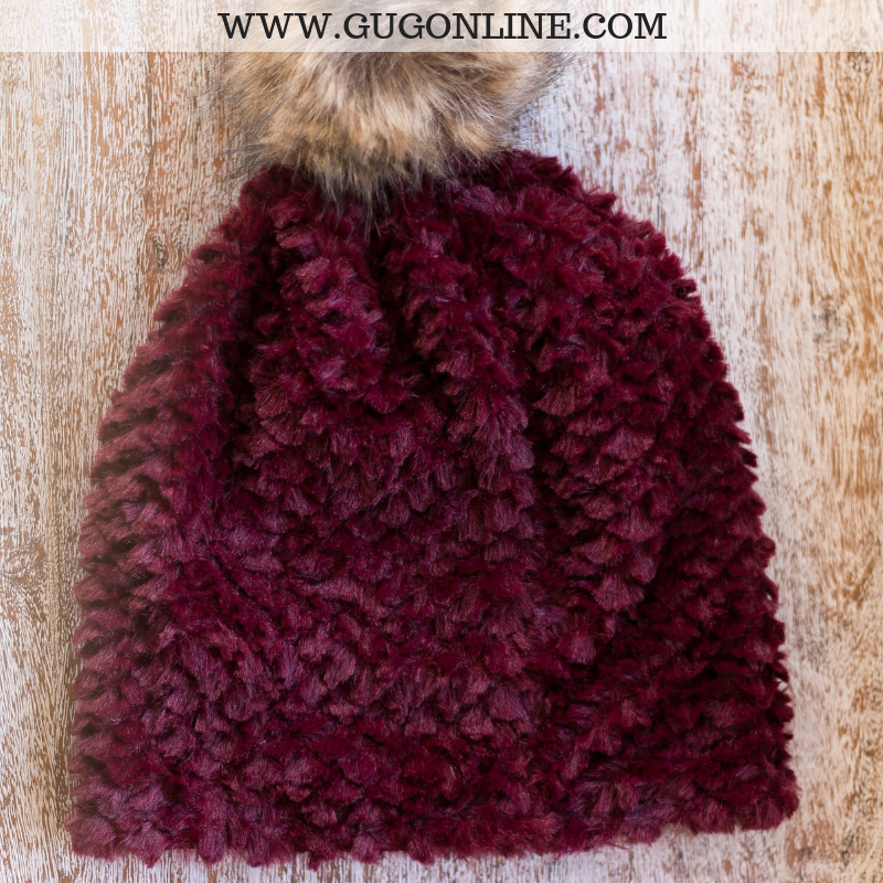 Fleece Lined Beanie with Pom Pom in Maroon - Giddy Up Glamour Boutique