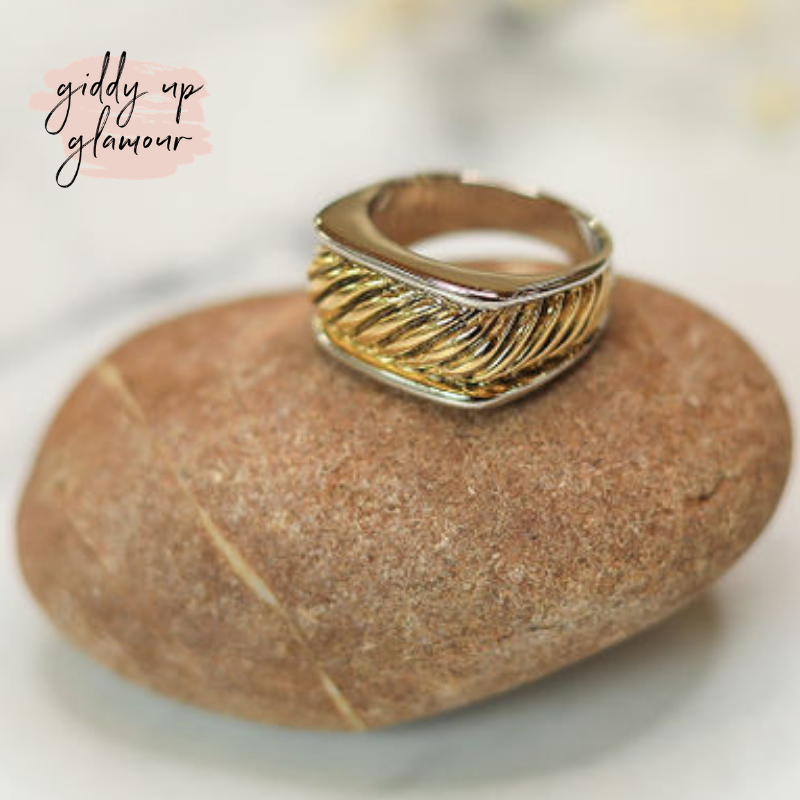 Two Toned Square Rope Band Ring - Giddy Up Glamour Boutique