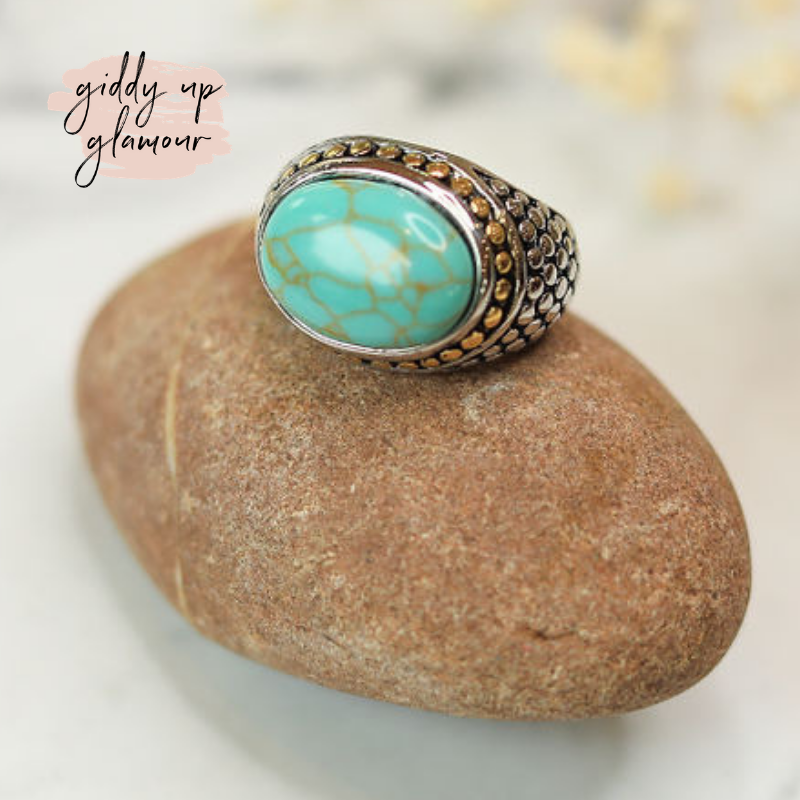 Two Toned Dome Fashion Ring with Faux Turquoise Stone - Giddy Up Glamour Boutique