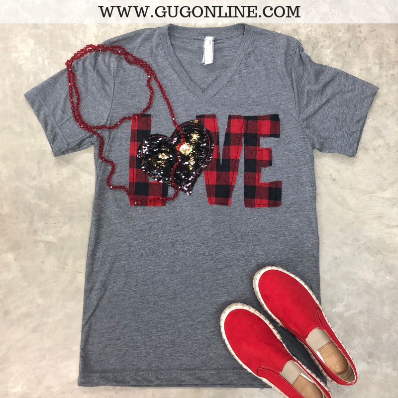 When Love Sparkles Buffalo Plaid Short Sleeve Tee with Sequin Heart in Heather Grey - Giddy Up Glamour Boutique