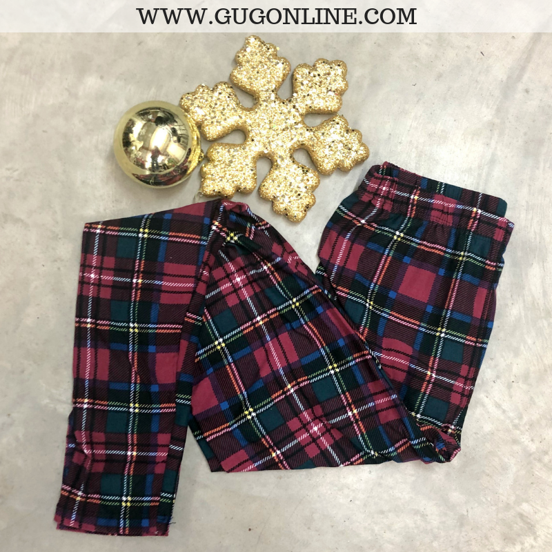 Kids Oh So Grateful Christmas Plaid Butter Soft Leggings in Maroon - Giddy Up Glamour Boutique