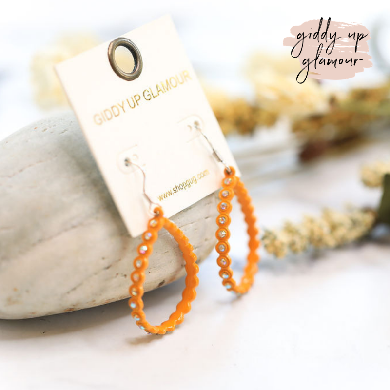 Small Teardrop Earrings with AB Crystal Outline in Mustard Yellow - Giddy Up Glamour Boutique