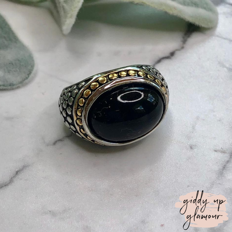 Two Toned Dome Fashion Ring with Faux Black Stone - Giddy Up Glamour Boutique