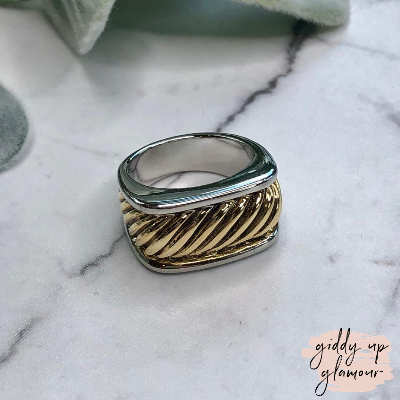 Two Toned Square Rope Band Ring - Giddy Up Glamour Boutique