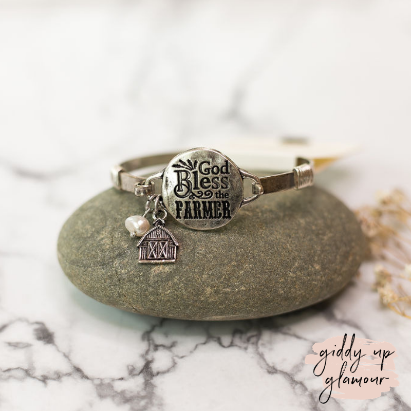 God Bless The Farmer Silver Wire Bracelet - Giddy Up Glamour Boutique