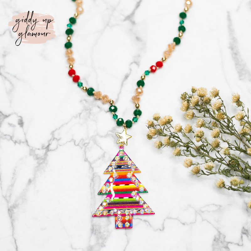 Crystal Christmas Tree Necklace in Red and Green Serape - Giddy Up Glamour Boutique