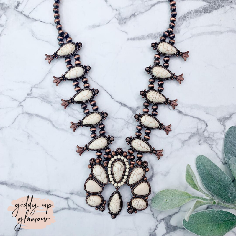 Oval Squash Necklace with Teardrop Charm in White and Copper Tone - Giddy Up Glamour Boutique