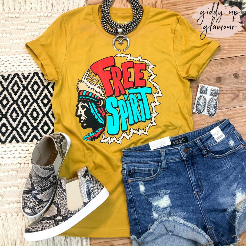 Last Chance Size 2XL | Free Spirit Vintage Western Short Sleeve Tee Shirt in Mustard Yellow - Giddy Up Glamour Boutique