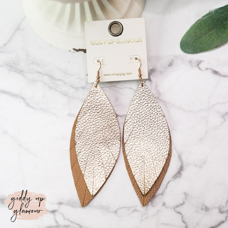 Two-Toned Light As a Feather Leather Earrings in Gold - Giddy Up Glamour Boutique
