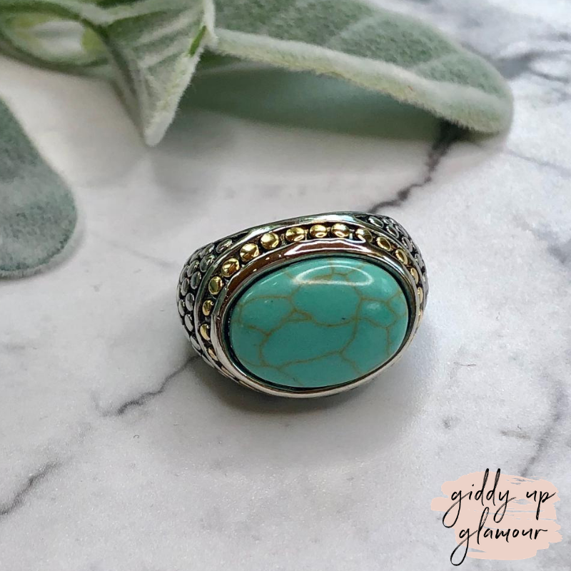 Two Toned Dome Fashion Ring with Faux Turquoise Stone - Giddy Up Glamour Boutique