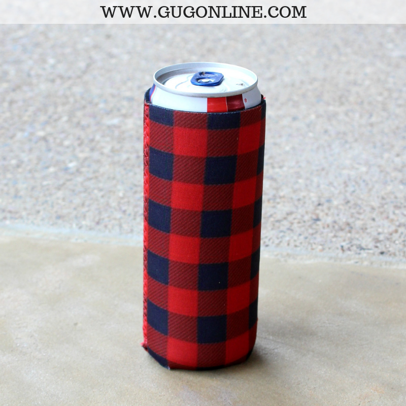 Buffalo Plaid Tall Can Koozie in Red - Giddy Up Glamour Boutique