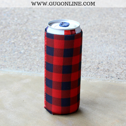 Buffalo Plaid Tall Can Koozie in Red