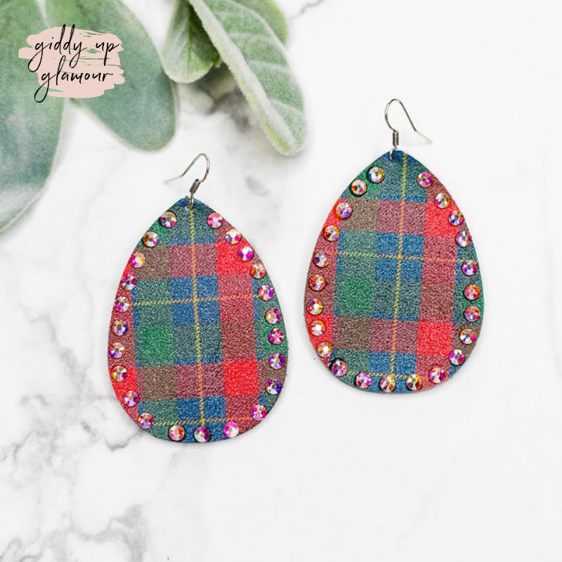 Holiday Plaid Leather Teardrop Earrings with AB Crystal Trim - Giddy Up Glamour Boutique