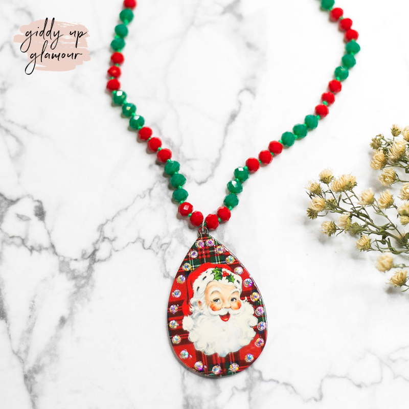 Classic Santa Crystal Beaded Necklace in Red Plaid - Giddy Up Glamour Boutique