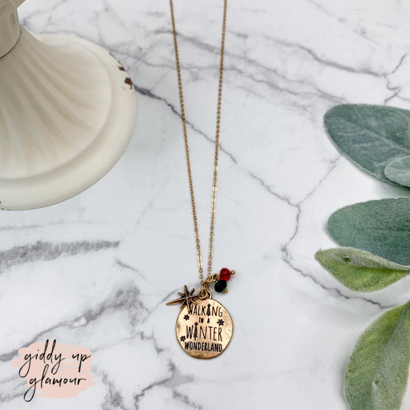 Walking In A Winter Wonderland Gold Charm Necklace - Giddy Up Glamour Boutique