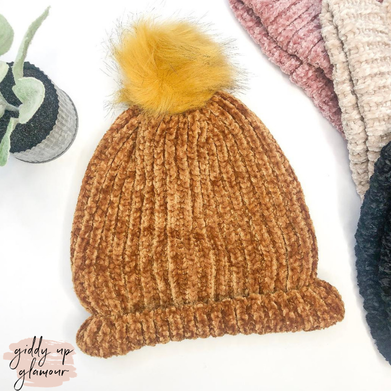 Chenille Pom Pom Beanie in Mustard Yellow - Giddy Up Glamour Boutique
