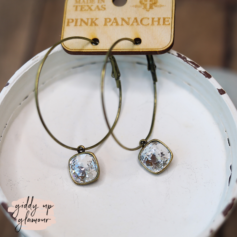 Pink Panache | Large Bronze Hoop Earrings with Clear Cushion Cut Crystals in Square Setting - Giddy Up Glamour Boutique