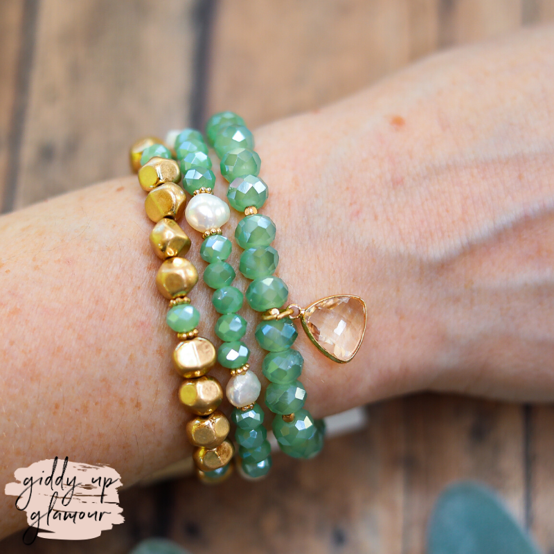 Set of Three Bracelets in Gold and Mint with Clear Crystal Charm - Giddy Up Glamour Boutique
