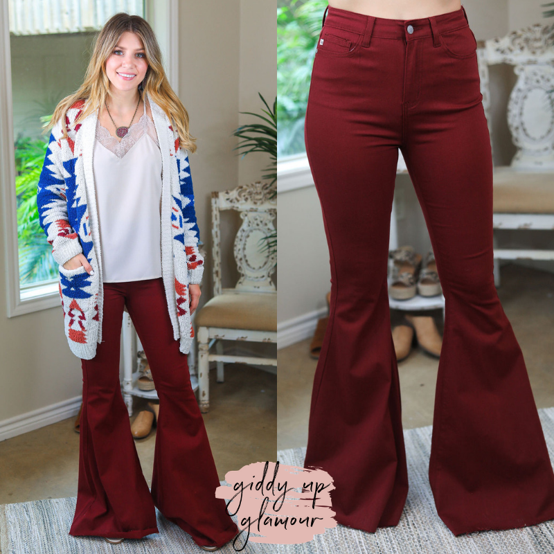 Last Chance Size 5 | Judy Blue | Won't Forget Her Super Flare Raw Hem Jeans in Maroon