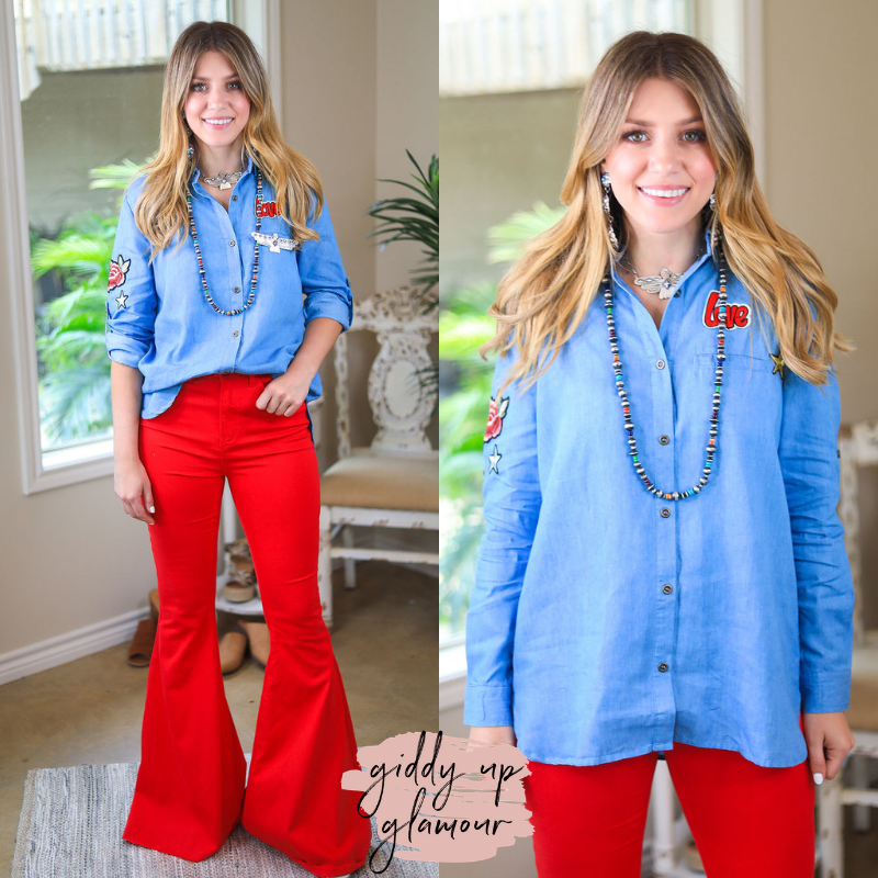 Here For It Chambray Denim Button Up Top with Decorative Patches - Giddy Up Glamour Boutique