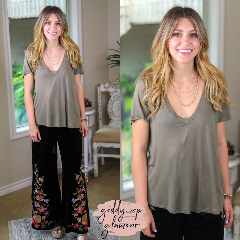 Sugar and Spice Deep V-Neck Short Sleeve Tee in Light Olive Green - Giddy Up Glamour Boutique