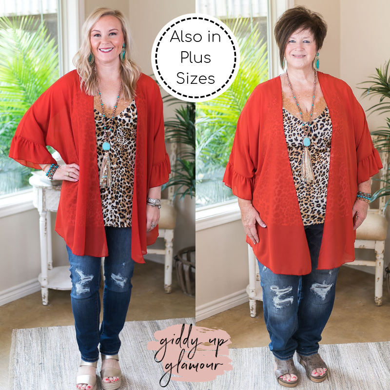 Tell Me About It Sheer Kimono with Ruffle Sleeves in Rust Orange - Giddy Up Glamour Boutique