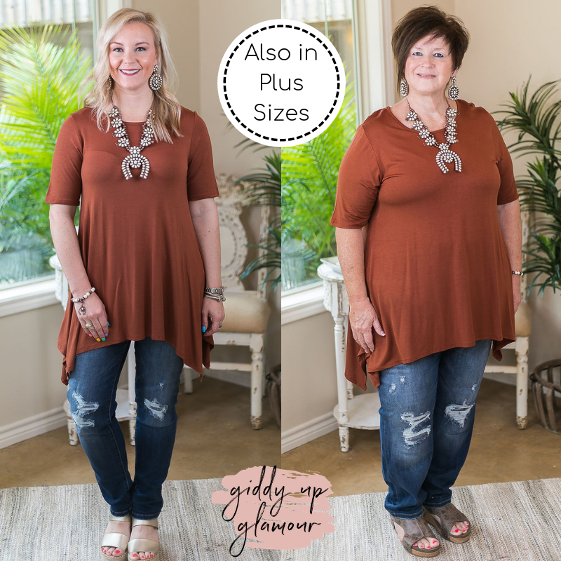 Whenever This Happens Solid Handkerchief Tunic Top in Tobacco Brown - Giddy Up Glamour Boutique