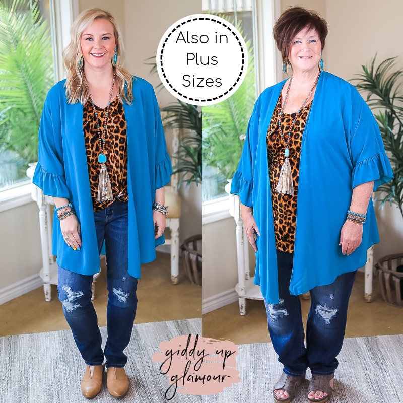 Tell Me About It Sheer Kimono with Ruffle Sleeves in Teal Blue - Giddy Up Glamour Boutique