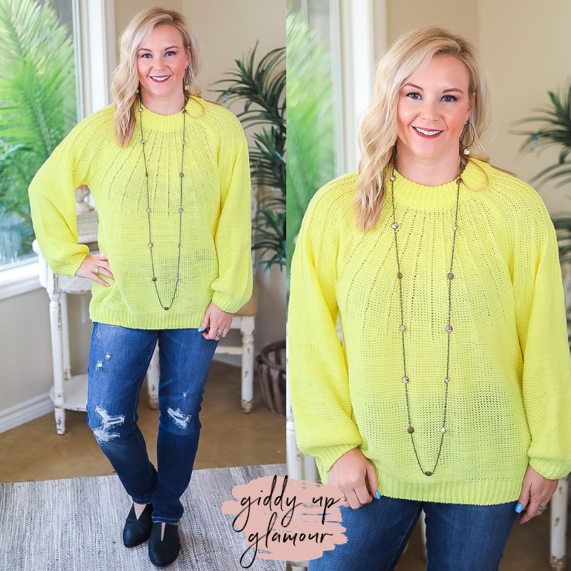Bright Lights Puff Sleeve Knit Pullover Sweater in Neon Yellow - Giddy Up Glamour Boutique