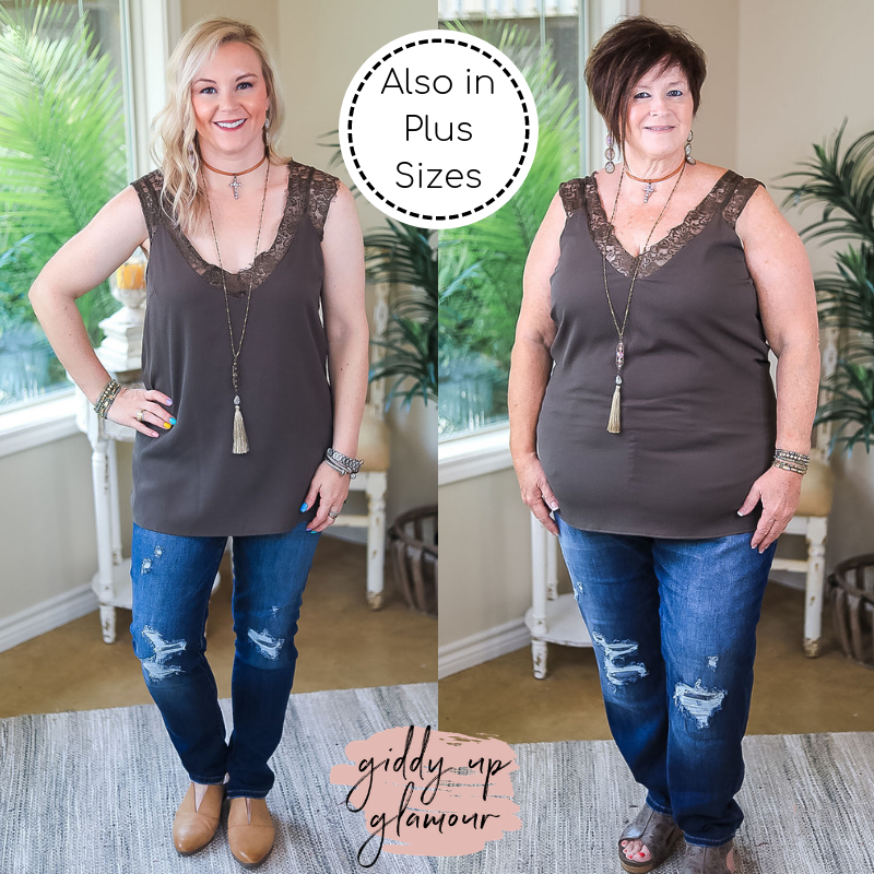 On Replay Solid Color Camisole with Lace Sleeves in Olive Green - Giddy Up Glamour Boutique