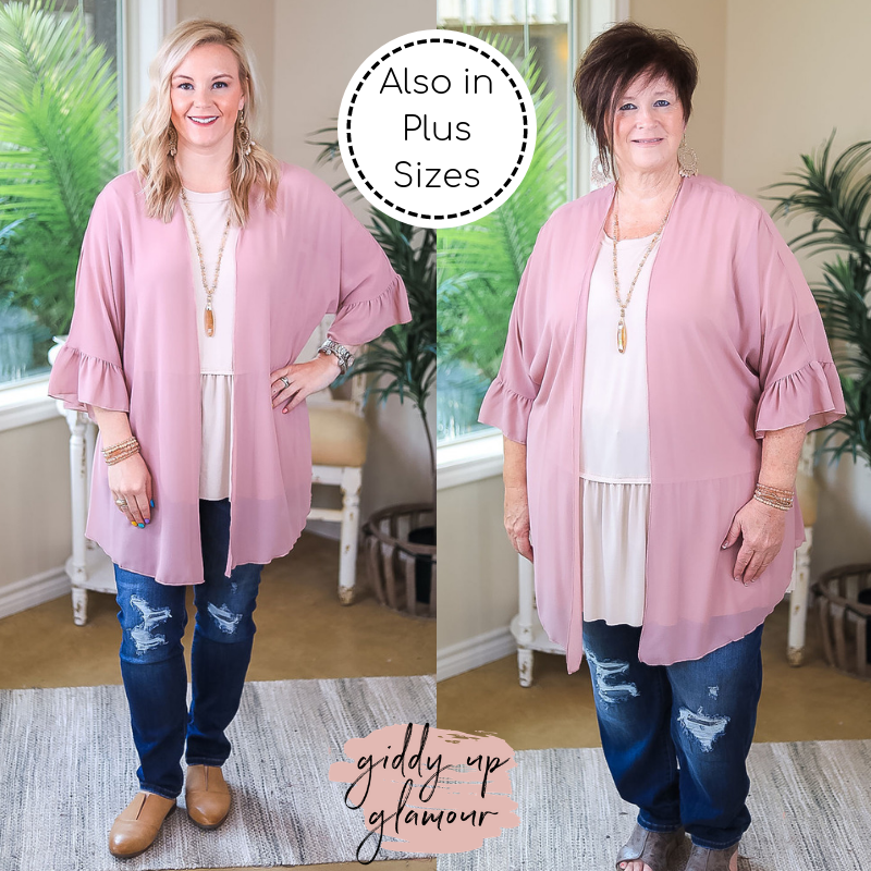 Tell Me About It Sheer Kimono with Ruffle Sleeves in Dusty Rose Pink - Giddy Up Glamour Boutique