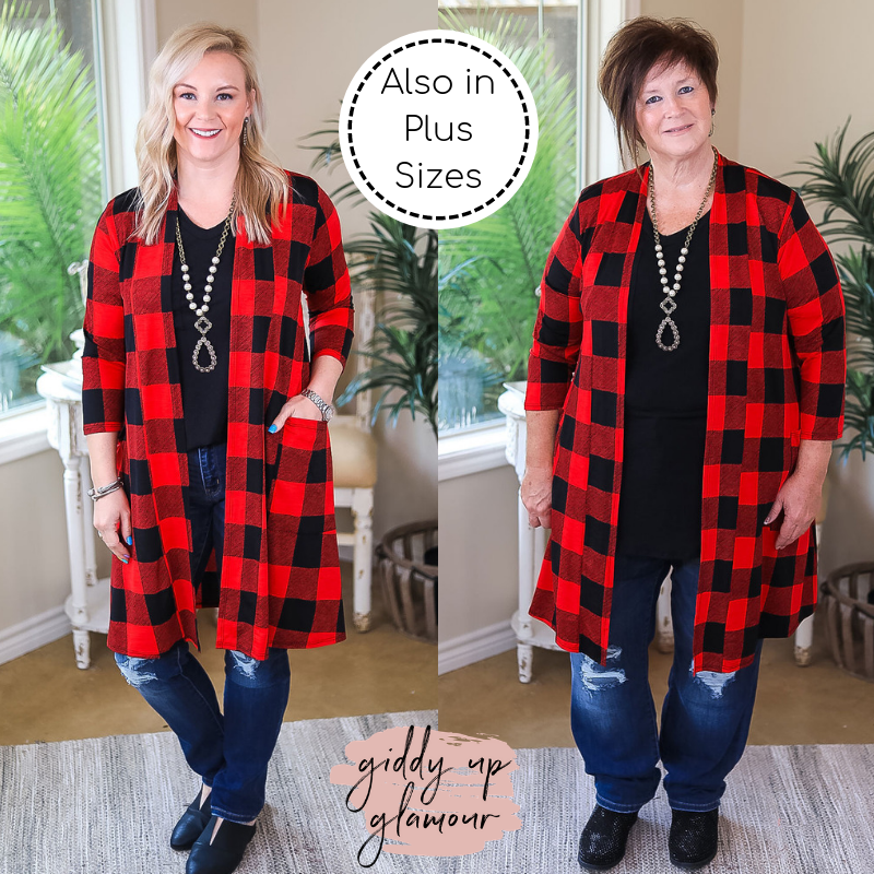 So Charming Buffalo Plaid Print Cardigan with Pockets in Red - Giddy Up Glamour Boutique