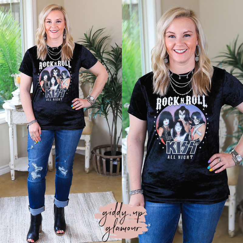 Kiss | Rock N Roll All Night Velvet Band Tee in Black - Giddy Up Glamour Boutique