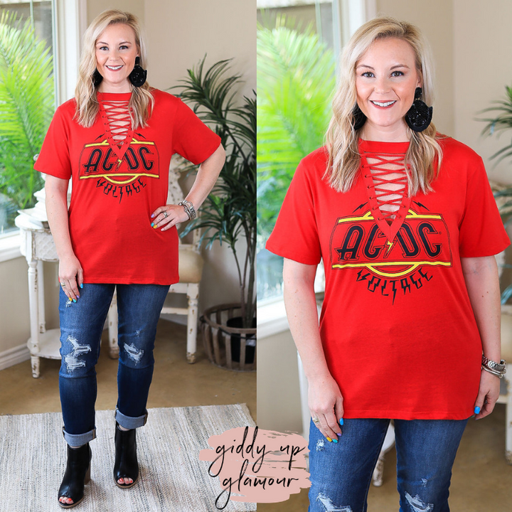 ACDC | High Voltage Keyhole & Lace Up Band Tee in Red - Giddy Up Glamour Boutique