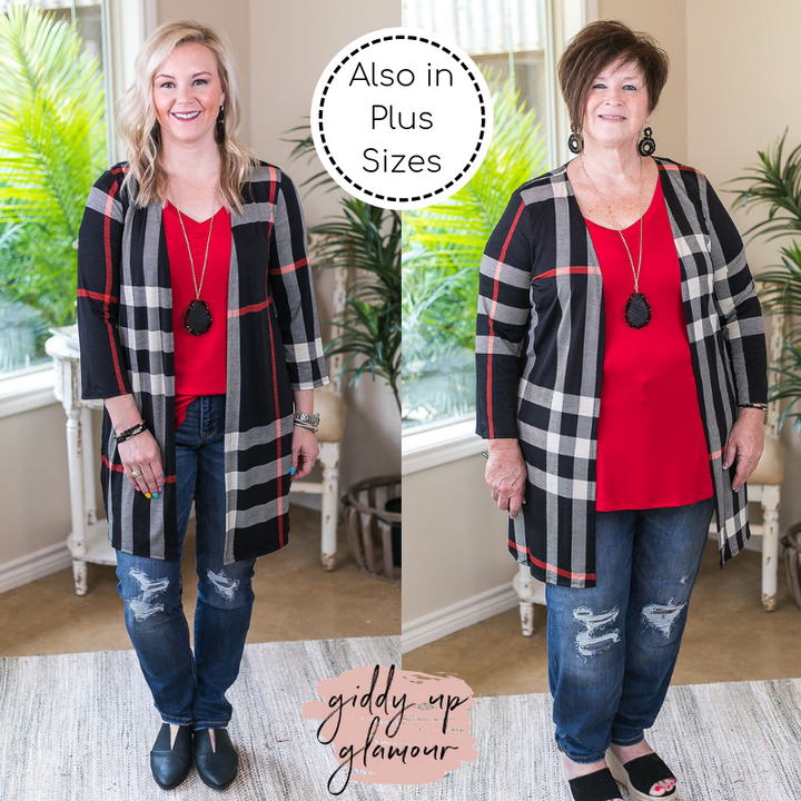 All Eyes On You Large Plaid Cardigan in Black - Giddy Up Glamour Boutique