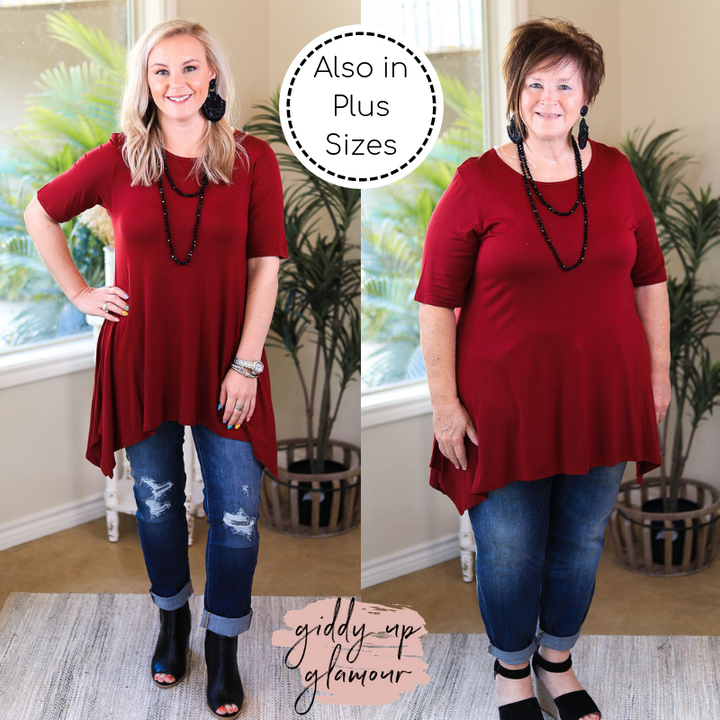 Whenever This Happens Solid Handkerchief Tunic Top in Maroon - Giddy Up Glamour Boutique
