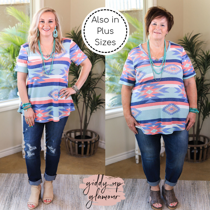 Just Right Short Sleeve Aztec Print Pocket Tee in Mint & Coral - Giddy Up Glamour Boutique