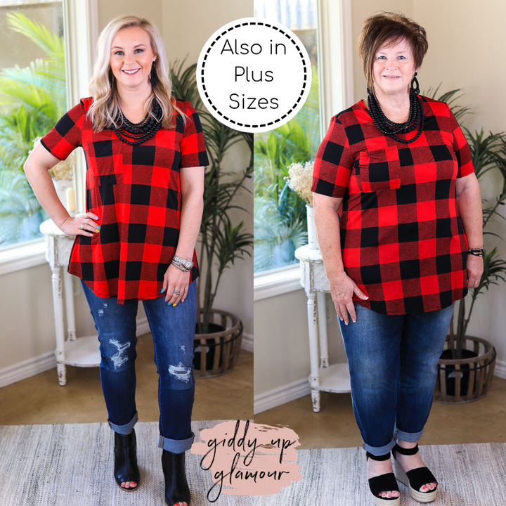 Last Chance Size Small | Just Right Short Sleeve Buffalo Plaid Print Pocket Tee in Red - Giddy Up Glamour Boutique