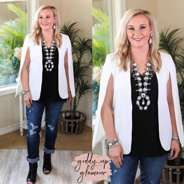Last Chance Size Medium | Serious Business Cape Blazer in White - Giddy Up Glamour Boutique