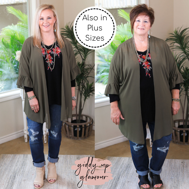 Tell Me About It Sheer Kimono with Ruffle Sleeves in Olive Green - Giddy Up Glamour Boutique