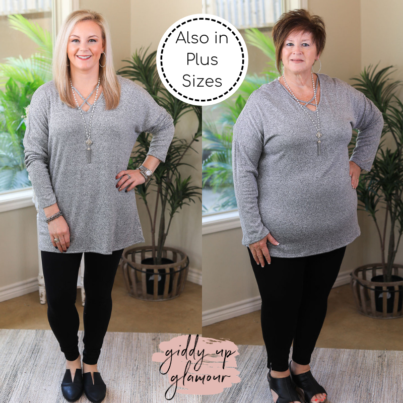 Last Chance Small | Anywhere She Goes Criss Cross Solid Sweater Top in Heather Grey - Giddy Up Glamour Boutique