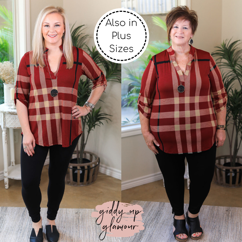 Last Chance Size Small & 3XL | Scenic Route Plaid Collared Tunic Top in Maroon - Giddy Up Glamour Boutique