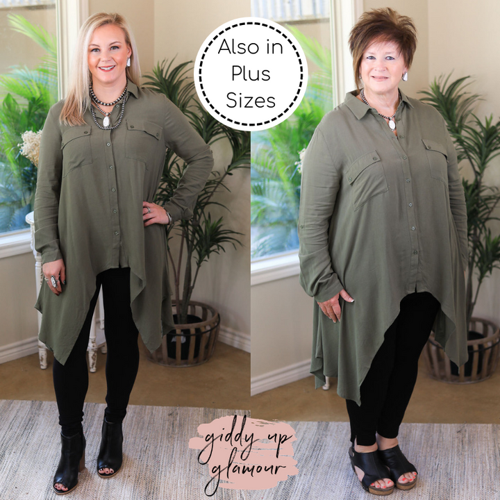 Last Chance Size S & M | Right Impression Linen Button Up Handkerchief Tunic in Olive Green - Giddy Up Glamour Boutique
