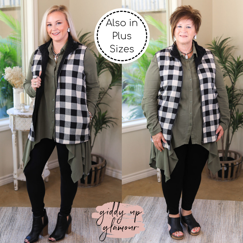 Meet Me In Aspen Buffalo Plaid Sherpa Lined Zip Up Vest in Black - Giddy Up Glamour Boutique