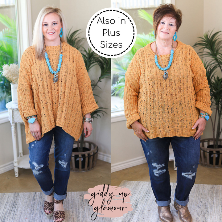 On My Level Chenille Cable Knit Pullover Sweater in Mustard Yellow - Giddy Up Glamour Boutique