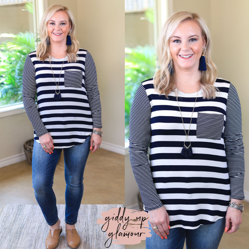Last Chance size S & M | I'm All Yours Multi Stripe Long Sleeve Pocket Tee Shirt in Navy Blue - Giddy Up Glamour Boutique