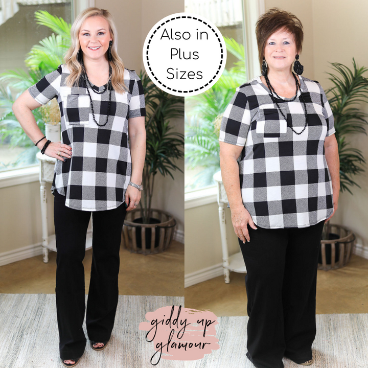 Last Chance Size Small & Medium | Just Right Short Sleeve Buffalo Plaid Print Pocket Tee in White - Giddy Up Glamour Boutique