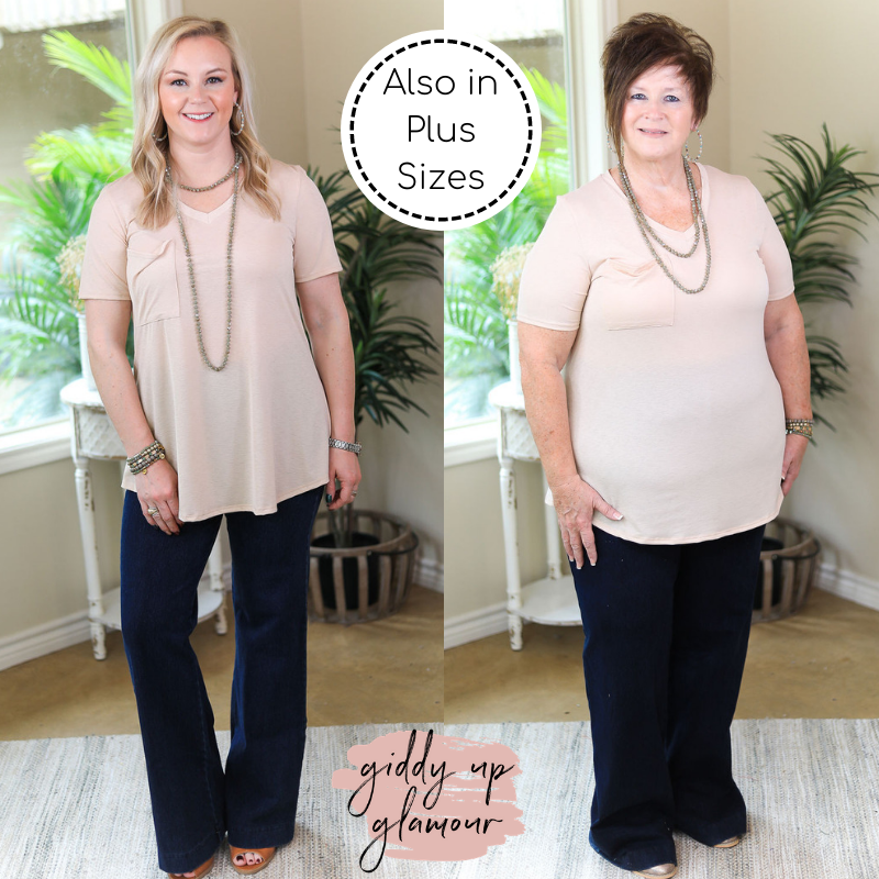Just Right Solid Short Sleeve Pocket Tee in Khaki Tan - Giddy Up Glamour Boutique